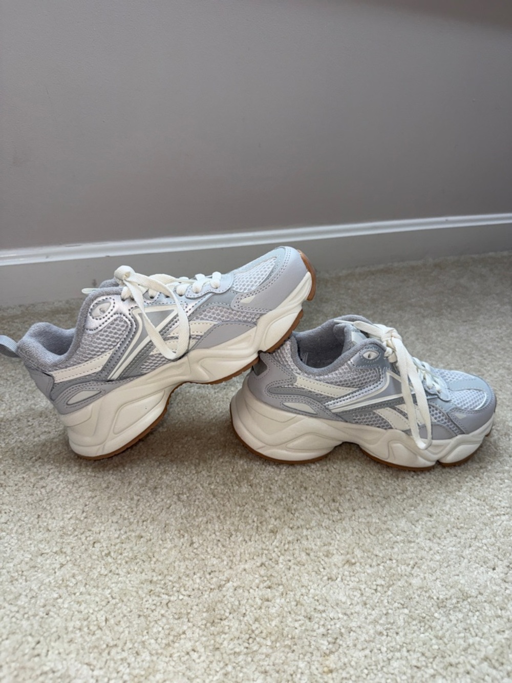 Reebok Women's Chunky Mesh Sneakers in Light Gray and White with Gum Sole